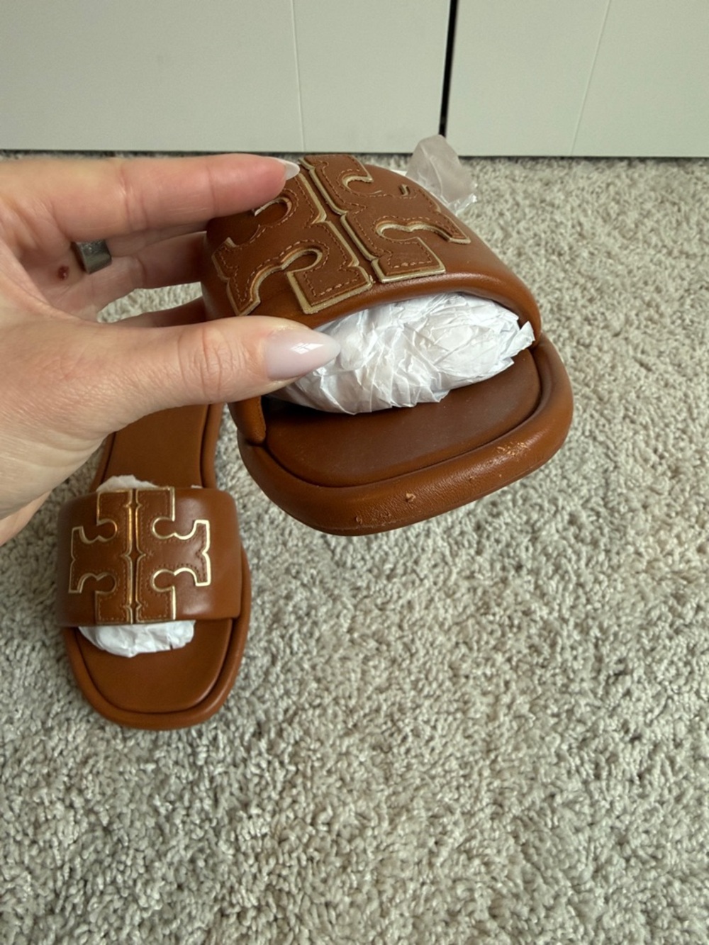 Tory Burch Cognac Leather Logo Slide Sandals - Picture 3 of 7